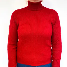 Crimson Red Cable Cashmere Polo Neck Jumper Large
