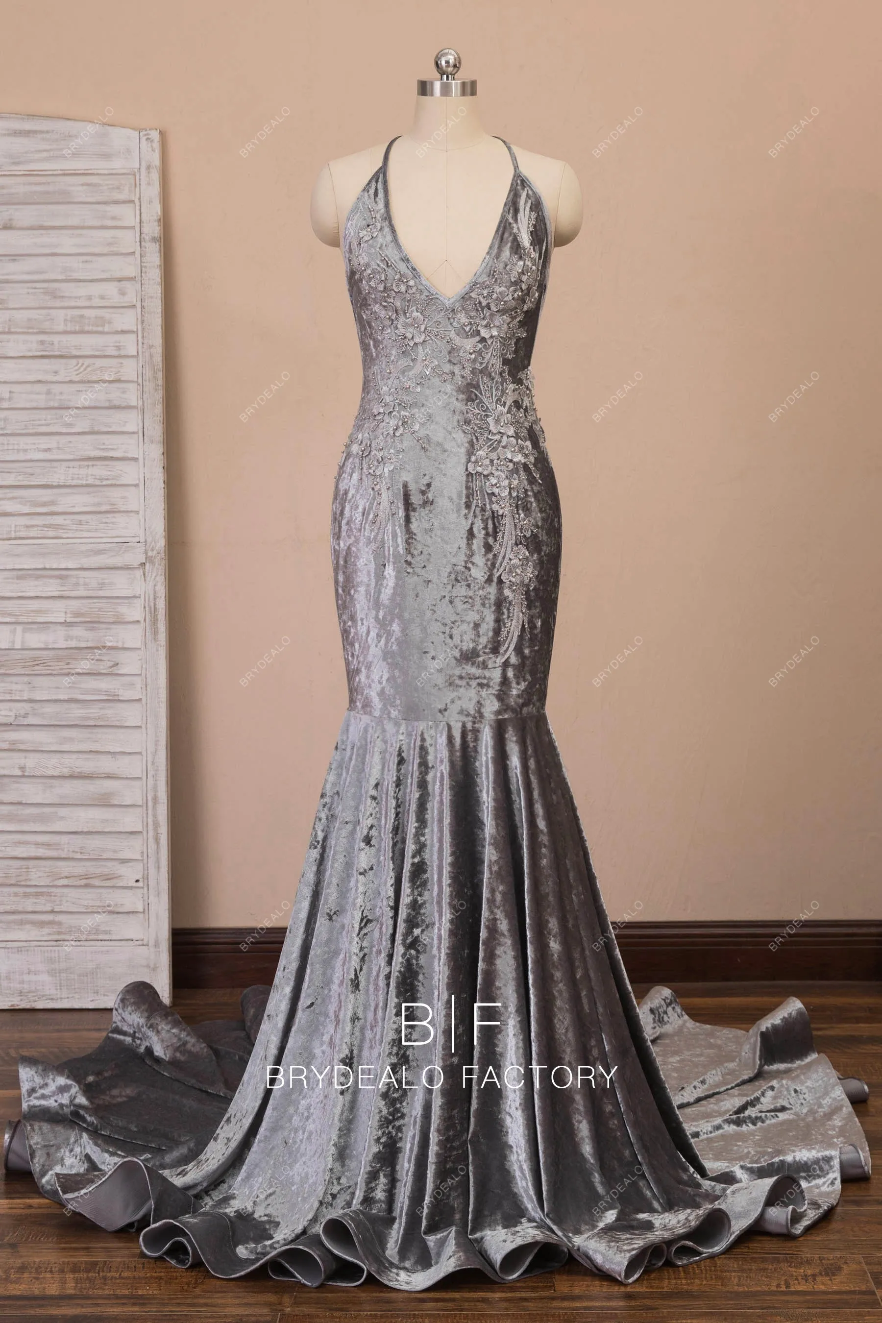 Crystal Velvet Flower Plunging Halter Mermaid Prom Evening Dress