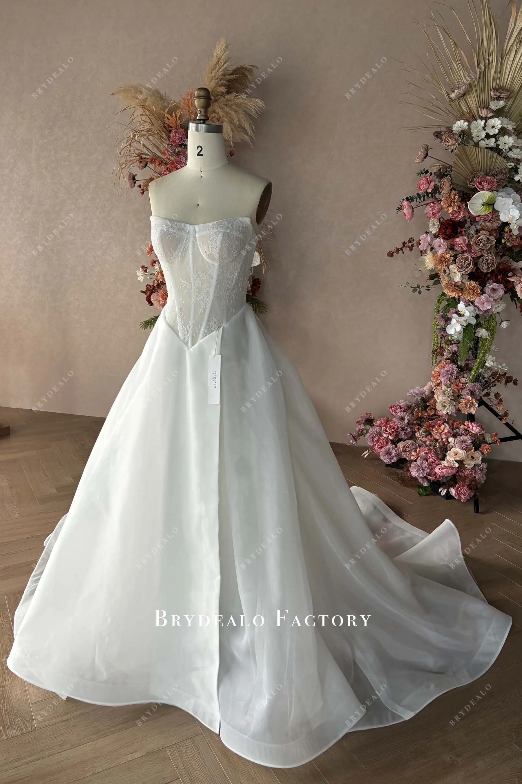 Custom Chantilly Lace Organza Slit Wedding Dress