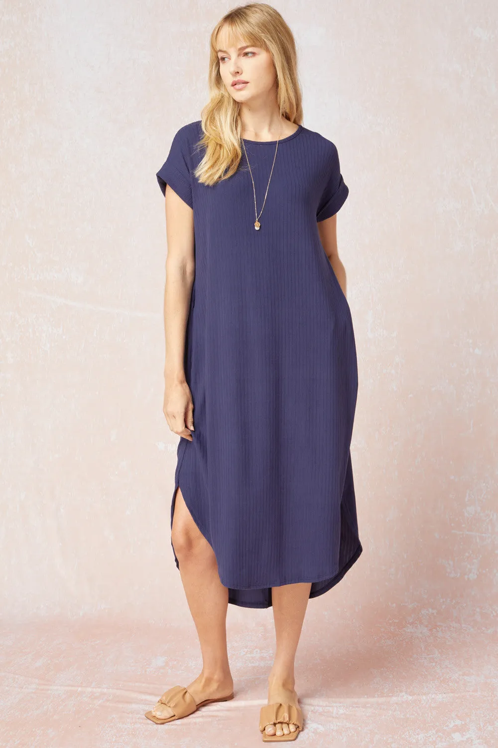 Eden Ribbed Midi Dress-Navy