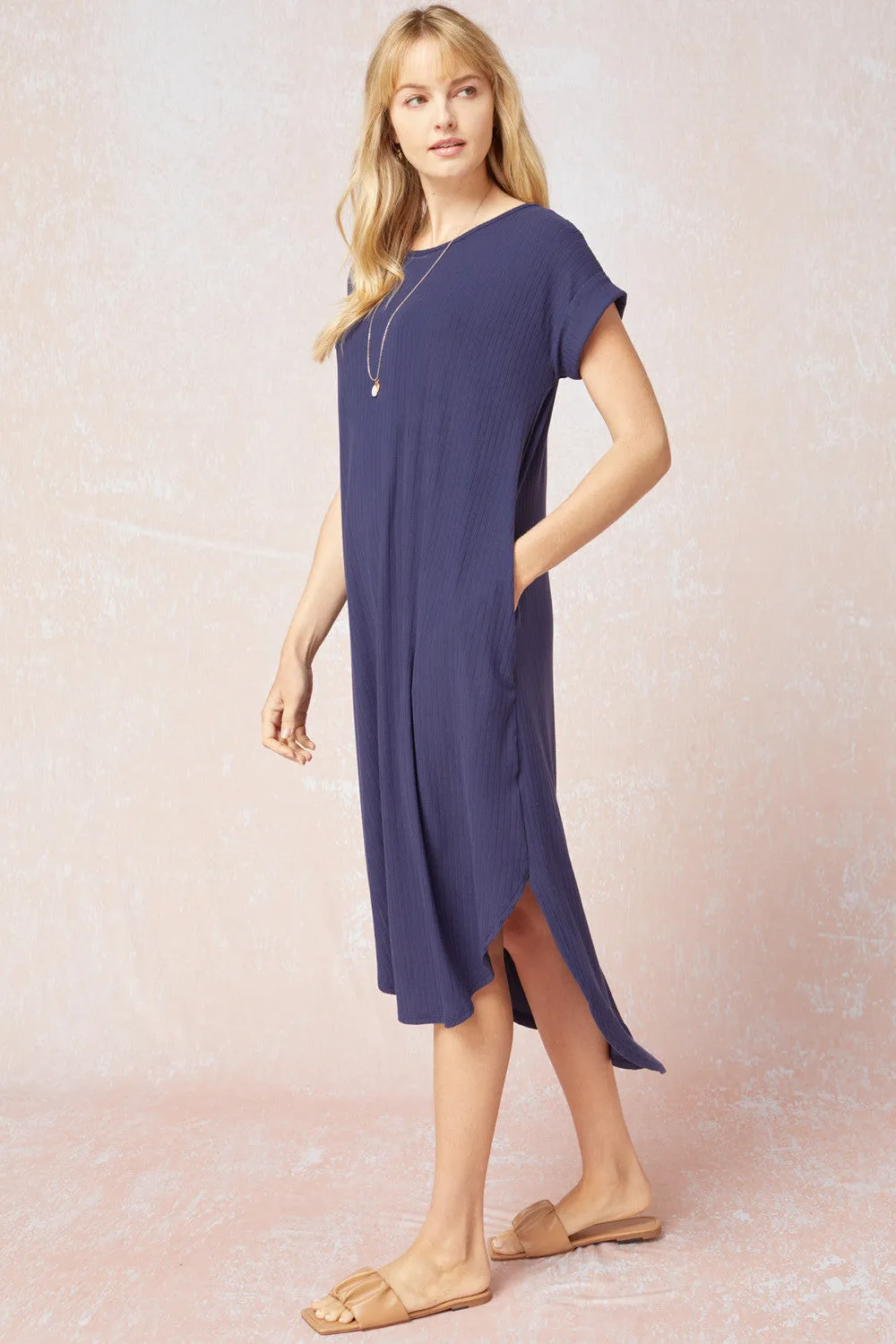 Eden Ribbed Midi Dress-Navy