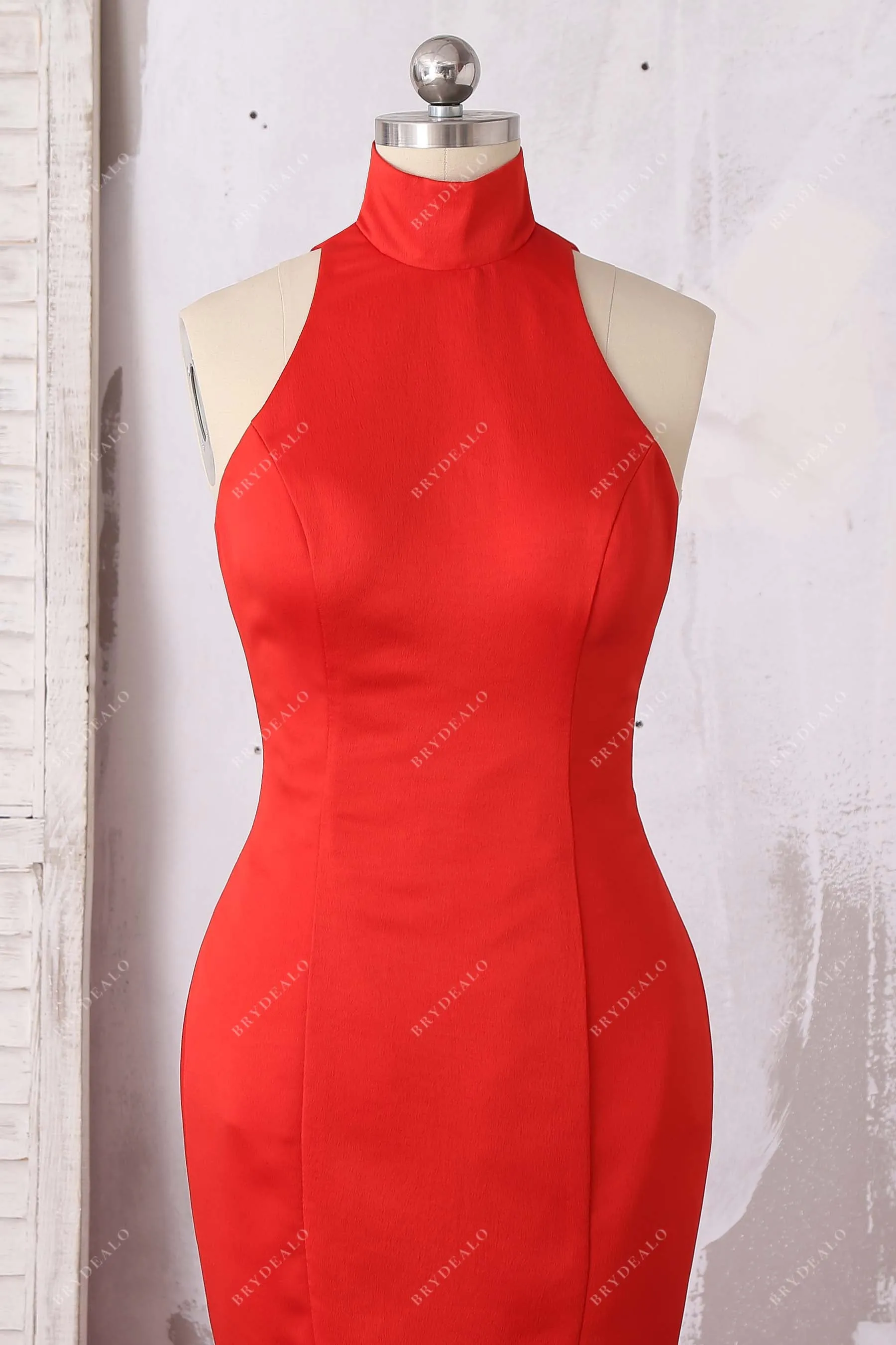 Elegant Red Satin High Neck Slit Long Mermaid Prom Dress
