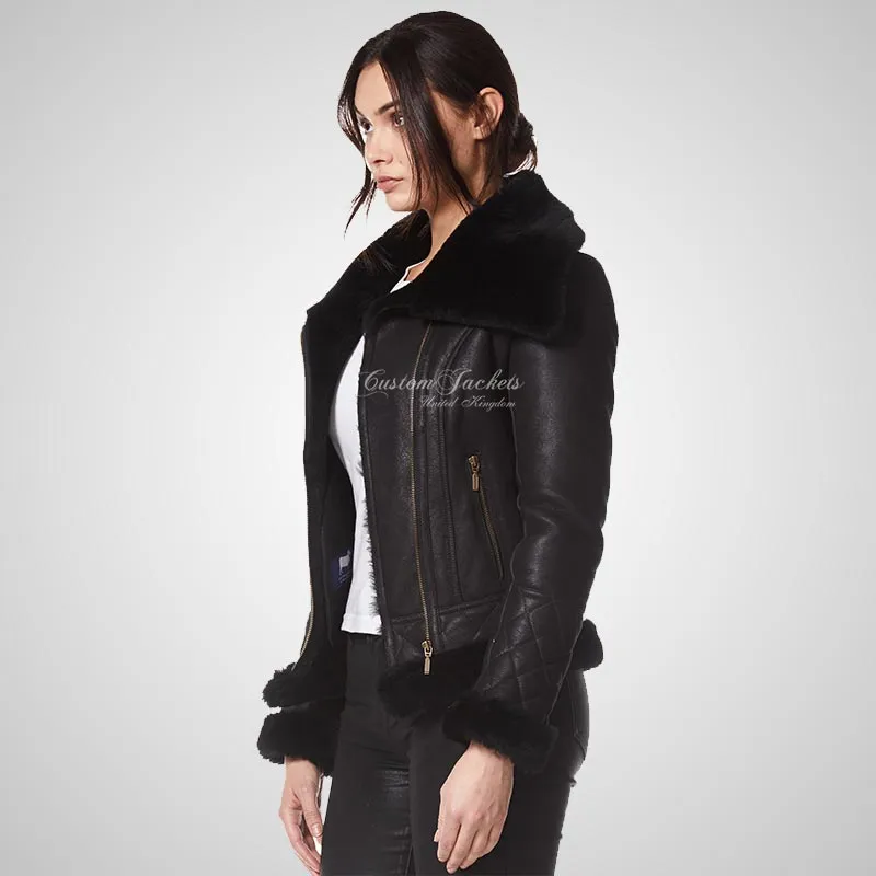 ELLERDALE Women Sheepskin Aviator Jacket Black