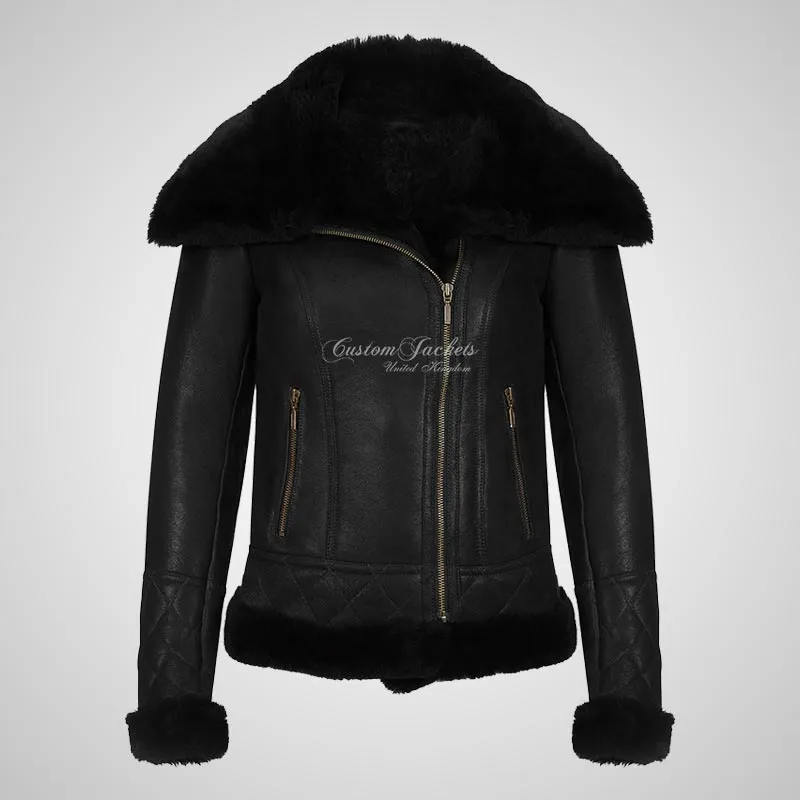 ELLERDALE Women Sheepskin Aviator Jacket Black