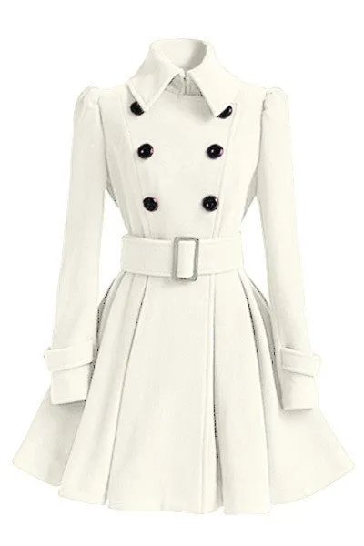 Flared Hem Turn-down Collar Slim Double Button Wool Coat With Belt on