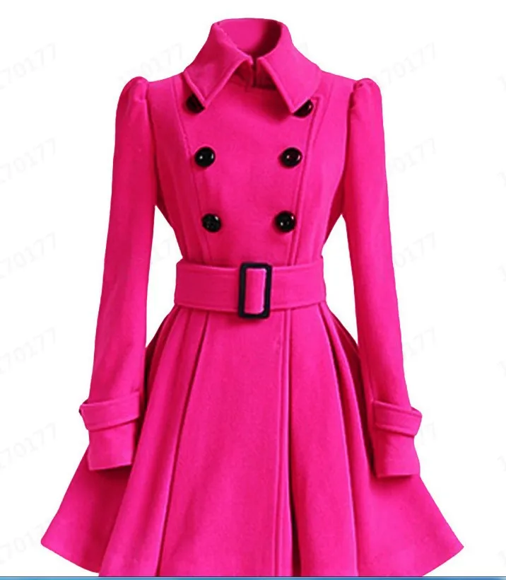 Flared Hem Turn-down Collar Slim Double Button Wool Coat With Belt on