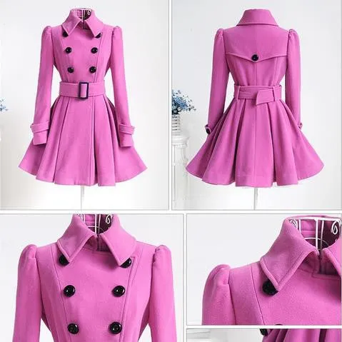 Flared Hem Turn-down Collar Slim Double Button Wool Coat With Belt on