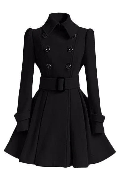 Flared Hem Turn-down Collar Slim Double Button Wool Coat With Belt on