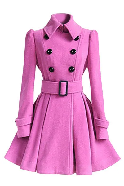 Flared Hem Turn-down Collar Slim Double Button Wool Coat With Belt on