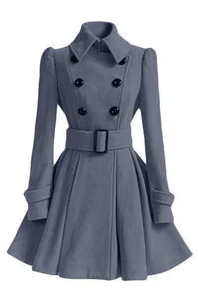 Flared Hem Turn-down Collar Slim Double Button Wool Coat With Belt on