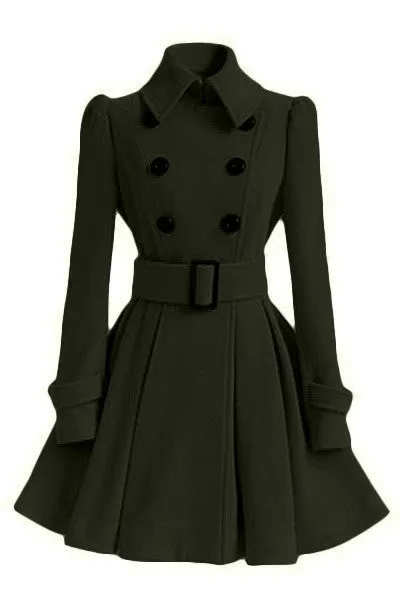 Flared Hem Turn-down Collar Slim Double Button Wool Coat With Belt on