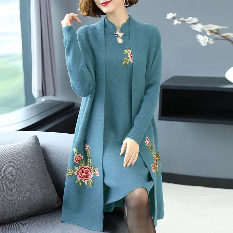 Floral Embroidery Chinese Style Knit Cheongsam & Coat Two-piece Suit