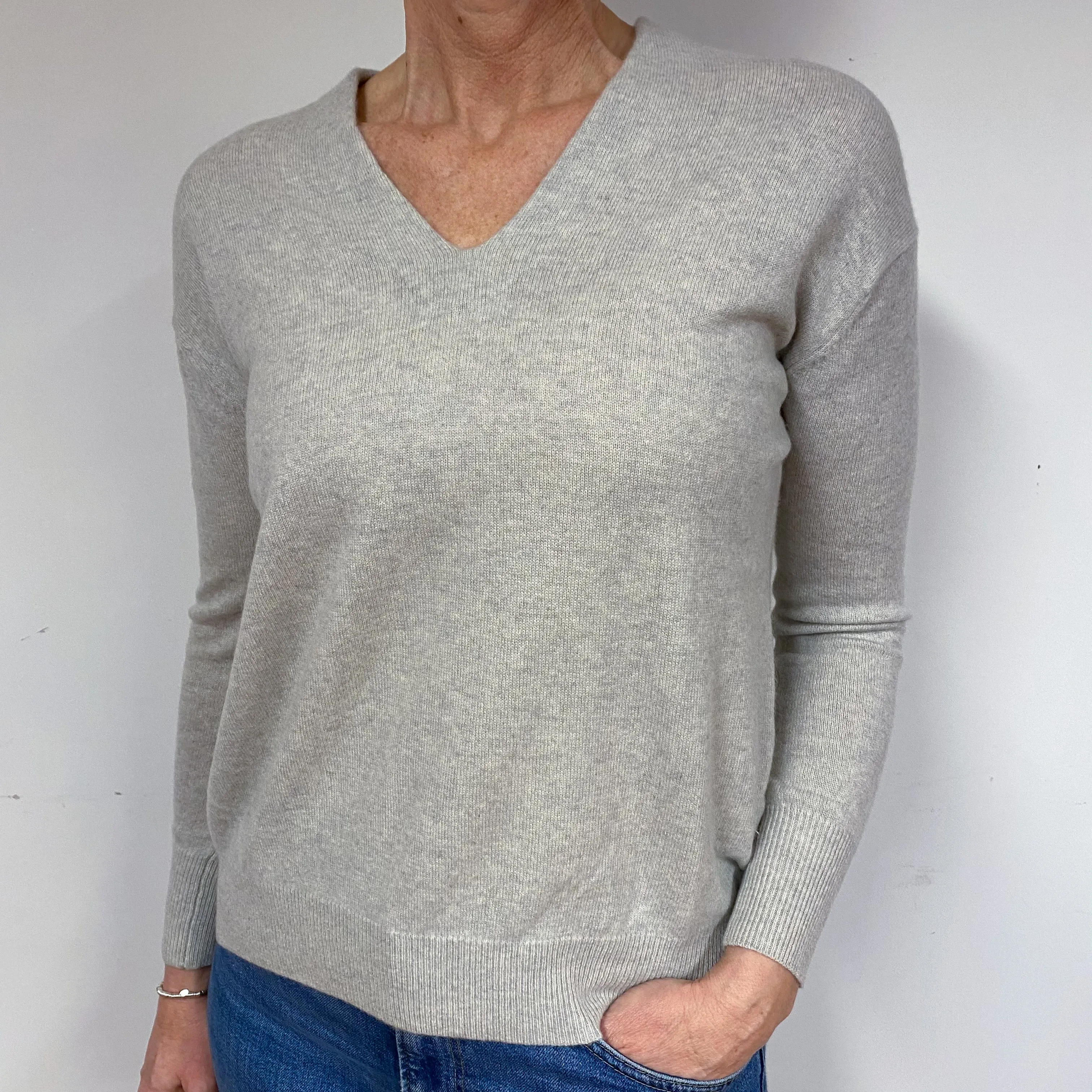 Frost Grey Cashmere V-Neck Jumper Medium