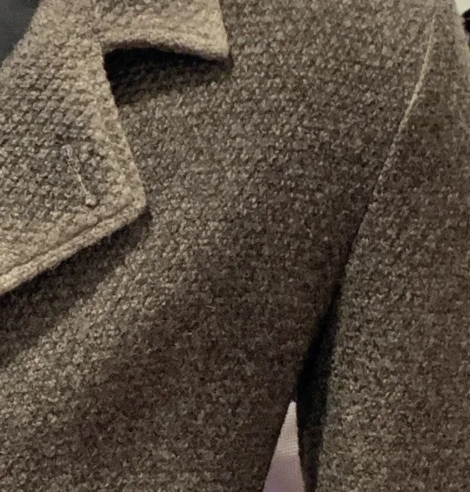 Gimos Over Coat: Grey Taupe Double Breasted Knit Stretch Peacoat 3/4 Length
