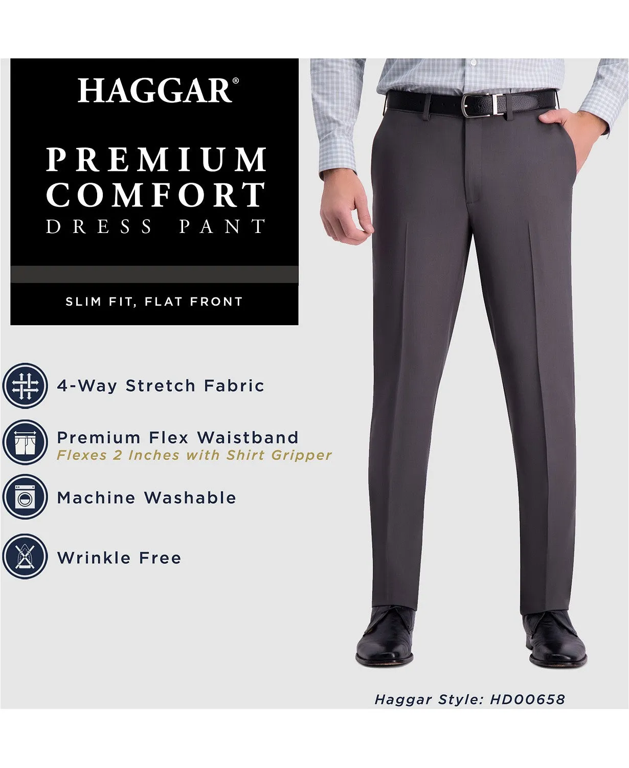 Haggar Mens Slim fit Dress Pants 36 / 29 Grey Solid Stretch