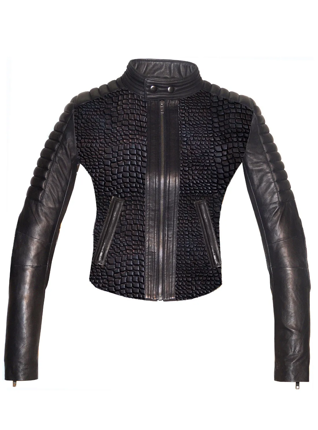 Hand Crafted Leather Croco Lamb Quilted Motorcycle Biker Women Jacket with sleeve padded