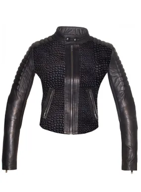 Hand Crafted Leather Croco Lamb Quilted Motorcycle Biker Women Jacket with sleeve padded