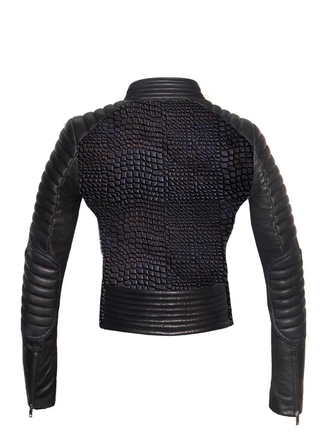 Hand Crafted Leather Croco Lamb Quilted Motorcycle Biker Women Jacket with sleeve padded