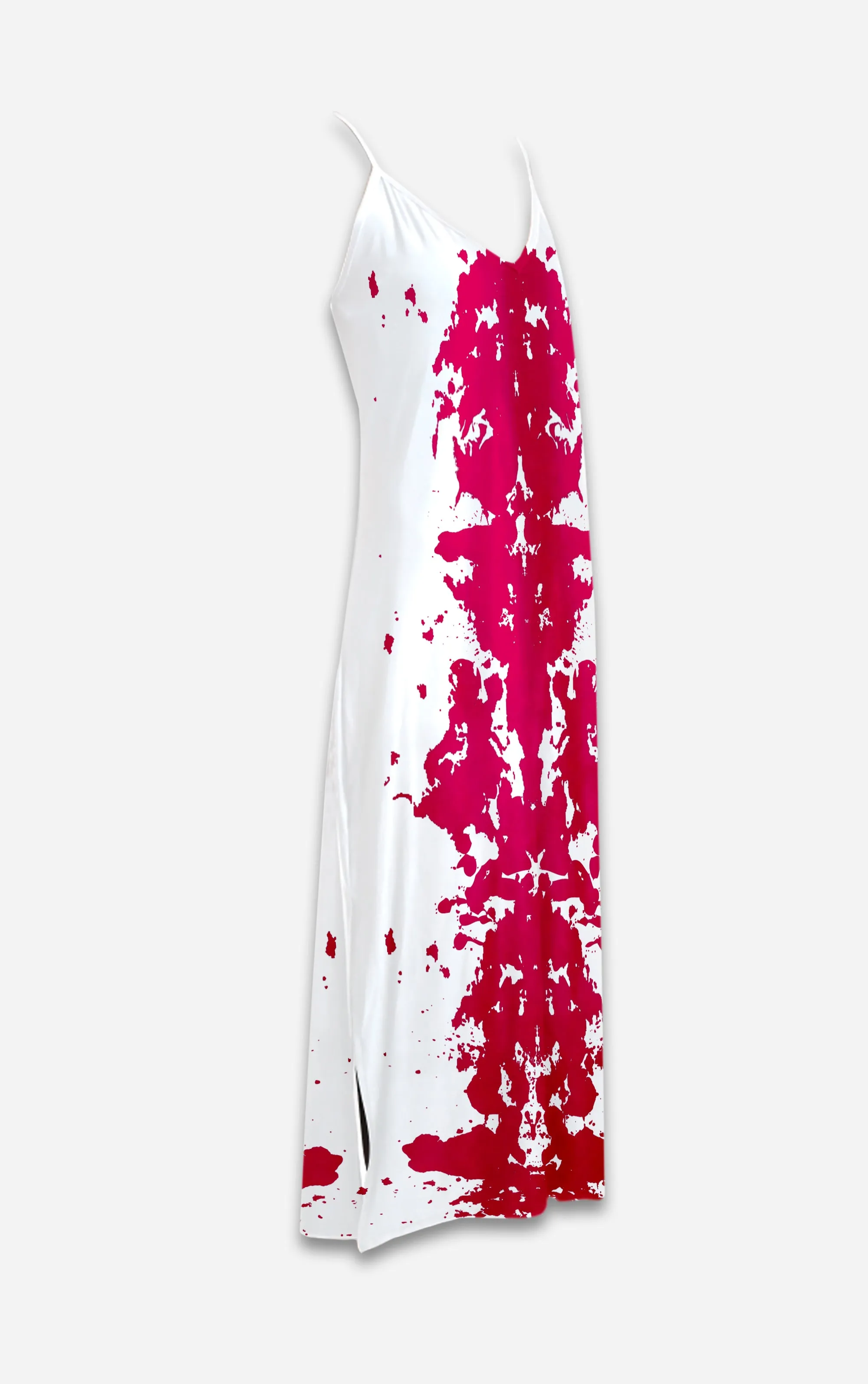 Ink Blot- 100% Silk Satin French Gothic V Neck Slip Dress in Bold Fuchsia | Le Leanian™
