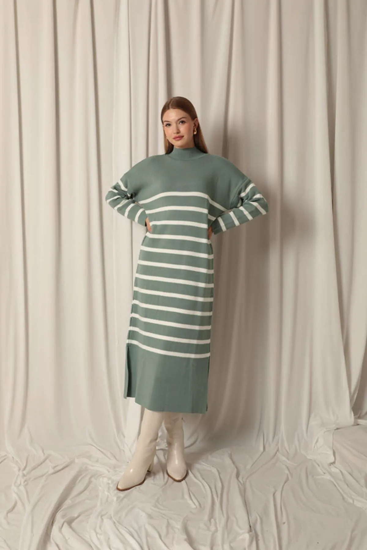 KKT Knit Fabric Turtleneck Striped Mint Dress - Guaynabo