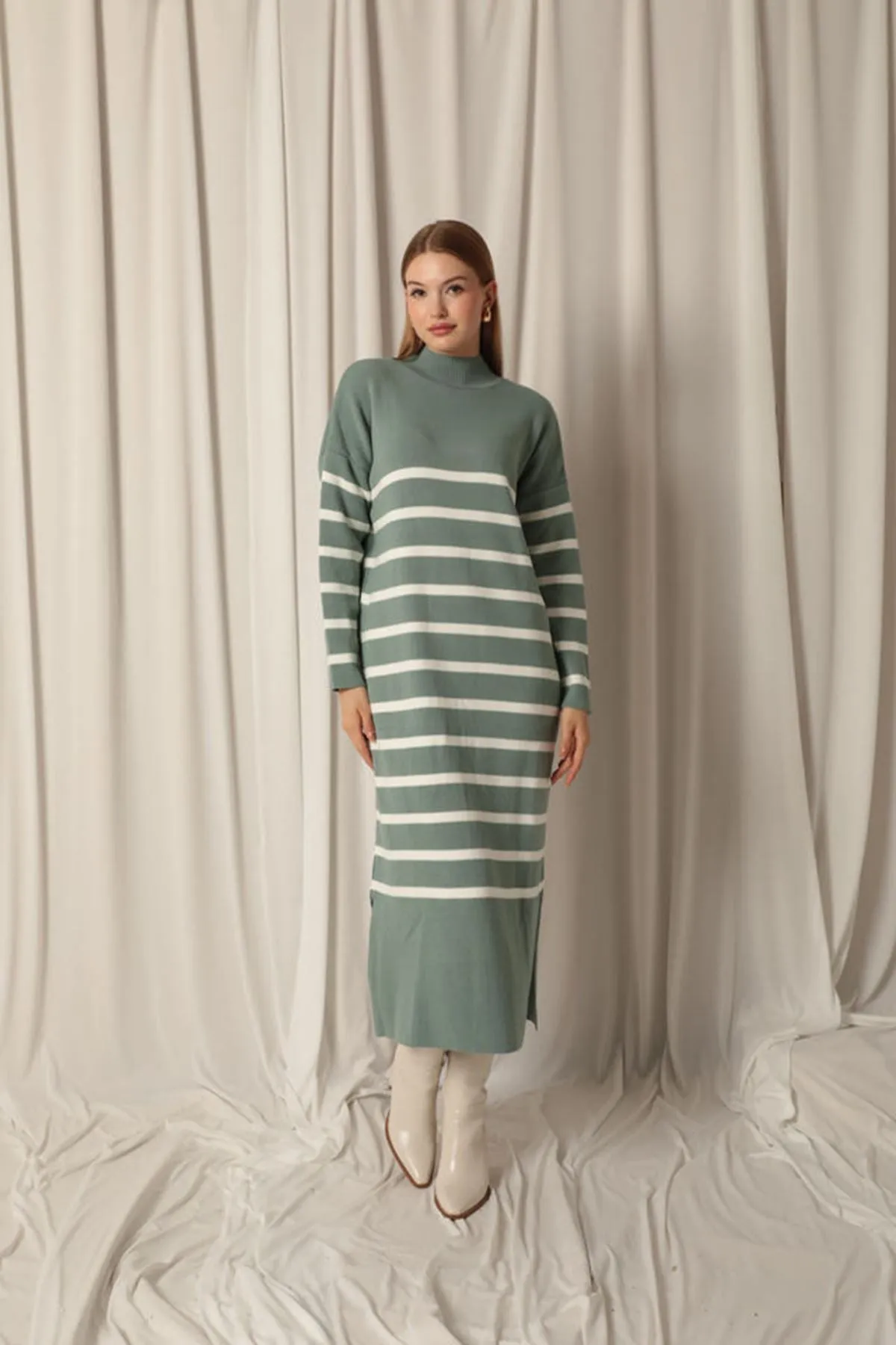 KKT Knit Fabric Turtleneck Striped Mint Dress - Guaynabo