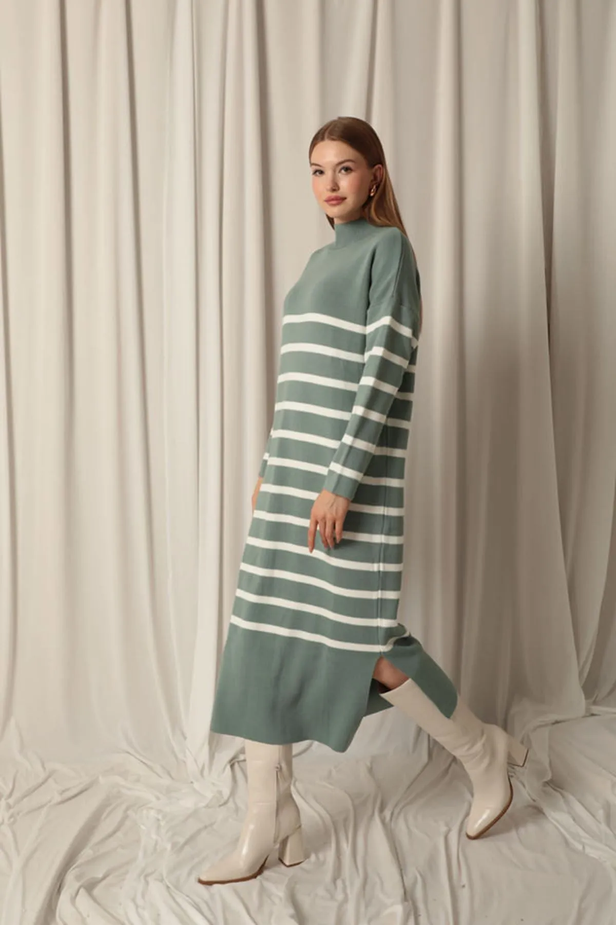 KKT Knit Fabric Turtleneck Striped Mint Dress - Guaynabo