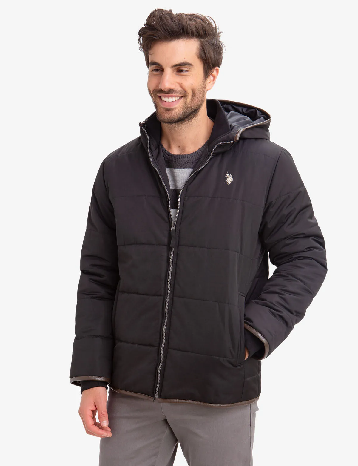 LEATHER TRIM FLEECE LINED PUFFER COAT