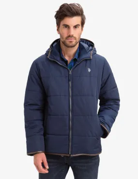 LEATHER TRIM FLEECE LINED PUFFER COAT