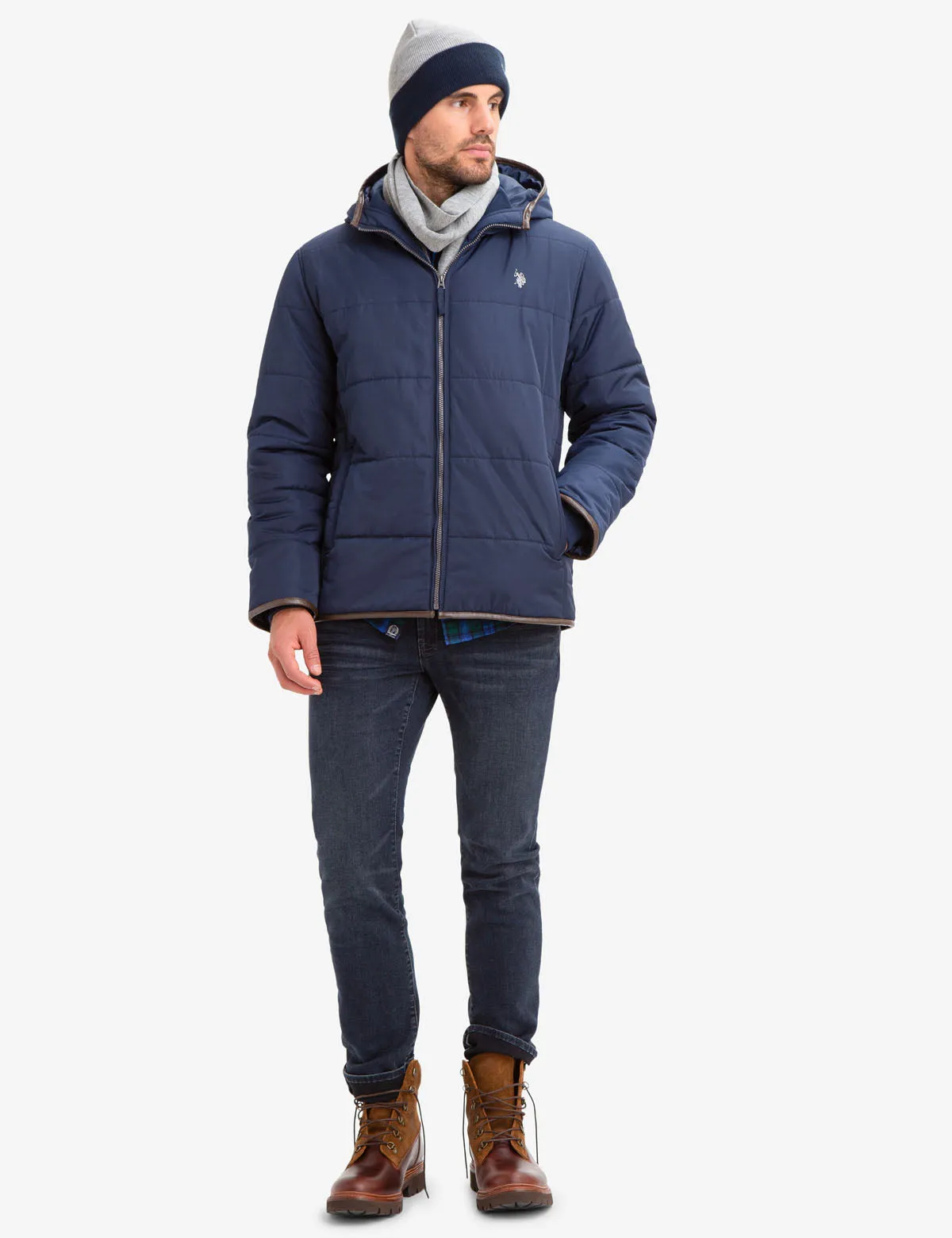 LEATHER TRIM FLEECE LINED PUFFER COAT