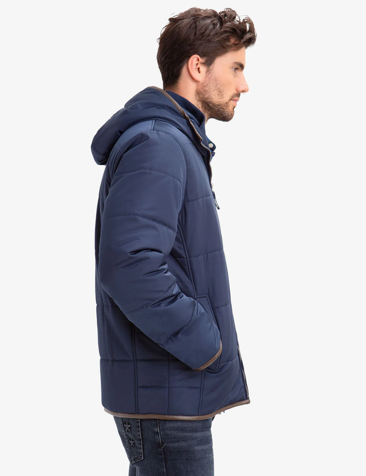 LEATHER TRIM FLEECE LINED PUFFER COAT