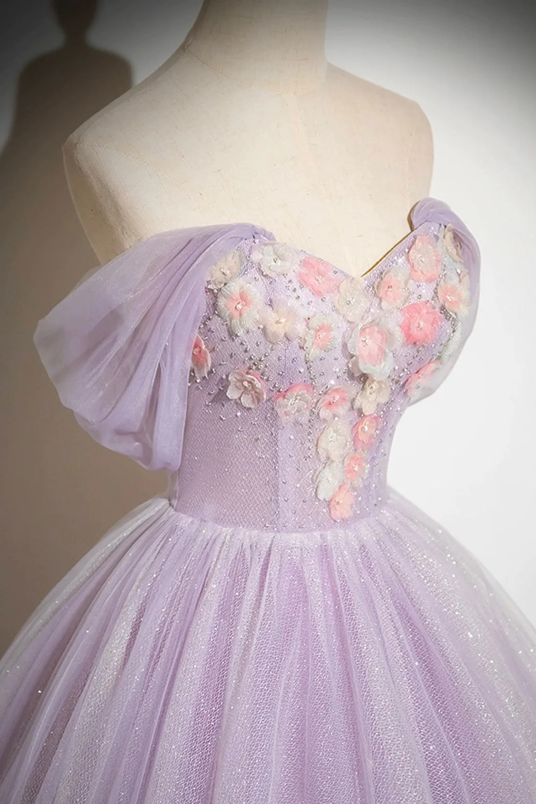 Lilac Strapless Tulle Long Prom Dresses with Flowers, Lilac Off the Shoulder Formal Evening Dresses