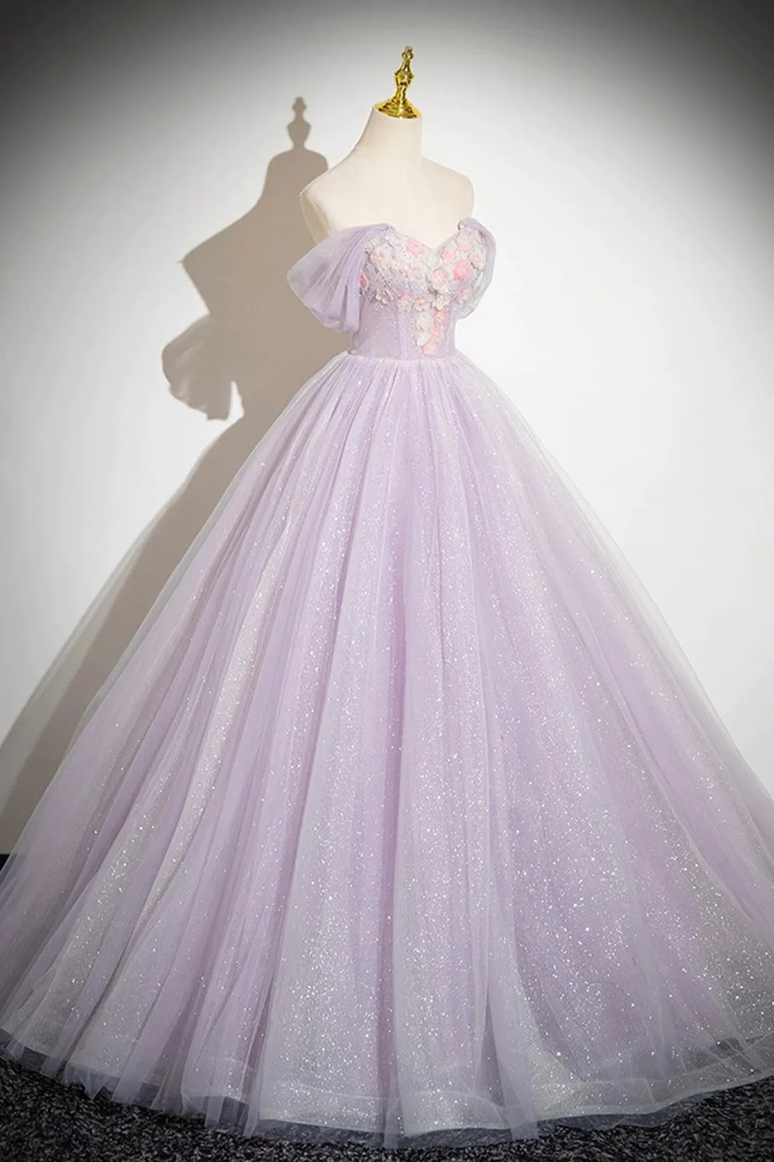 Lilac Strapless Tulle Long Prom Dresses with Flowers, Lilac Off the Shoulder Formal Evening Dresses