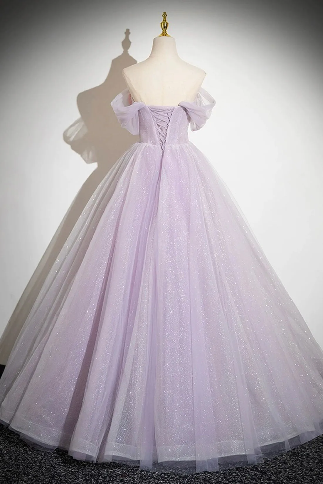 Lilac Strapless Tulle Long Prom Dresses with Flowers, Lilac Off the Shoulder Formal Evening Dresses
