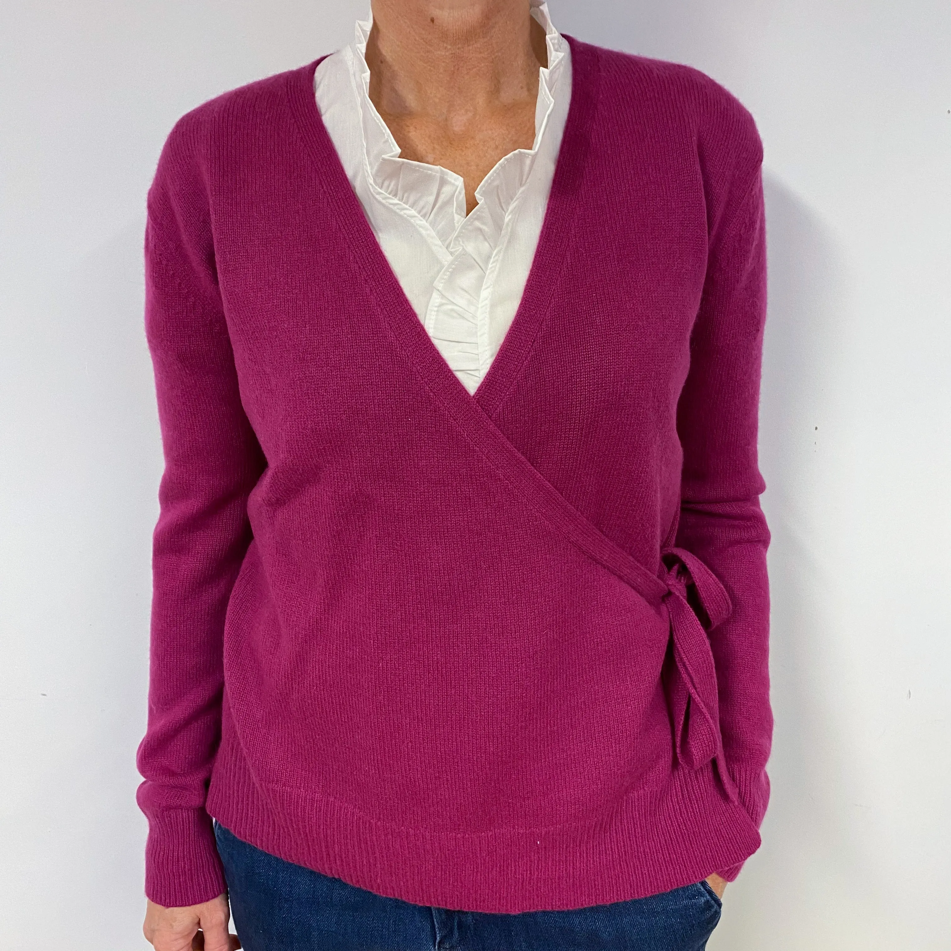 Magenta Purple Wrap Cashmere V-Neck Jumper Medium