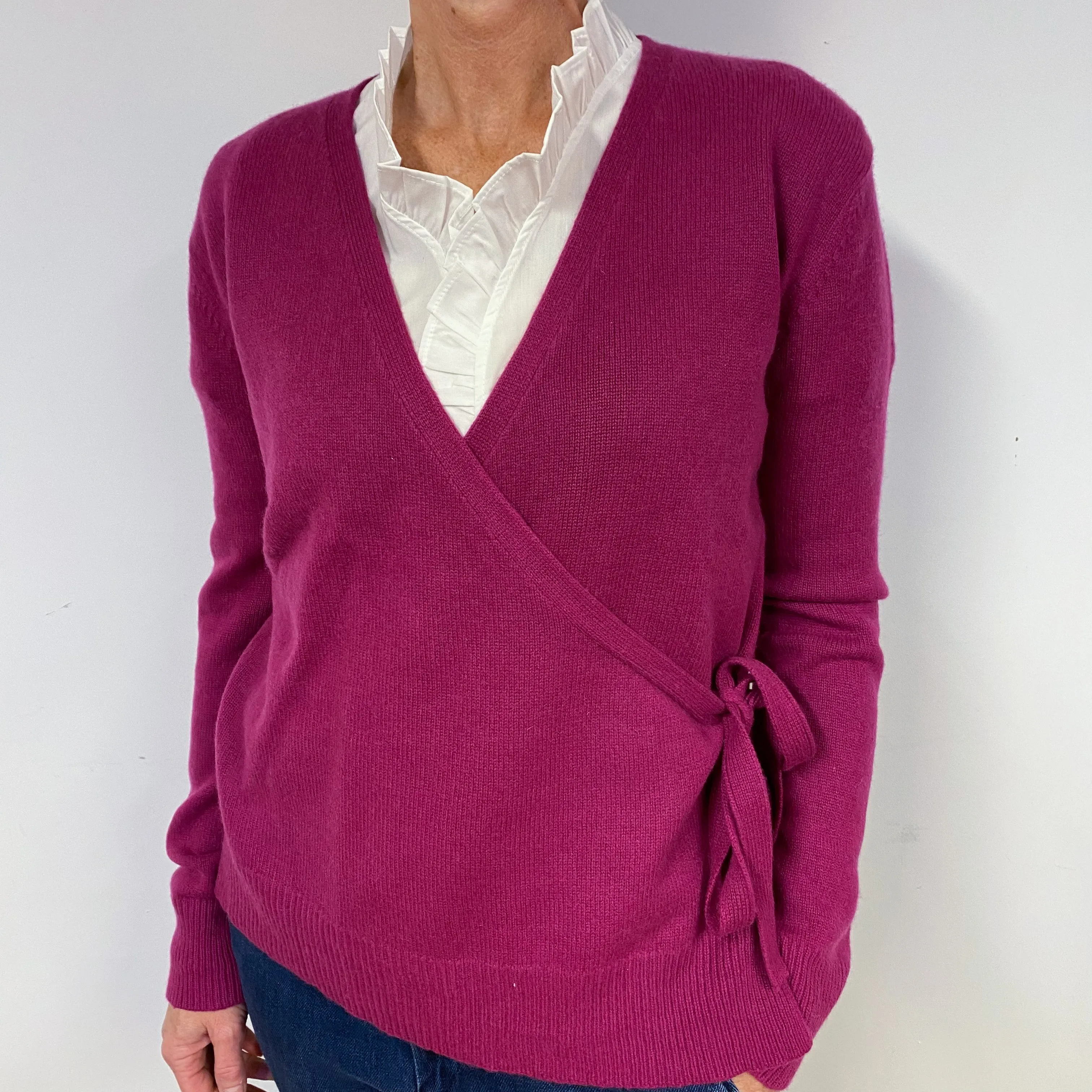 Magenta Purple Wrap Cashmere V-Neck Jumper Medium