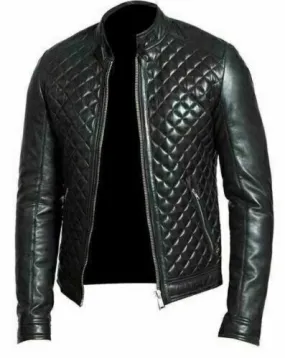 Men's Black Real Leather Racer Neck Quilted Biker Jacket for men