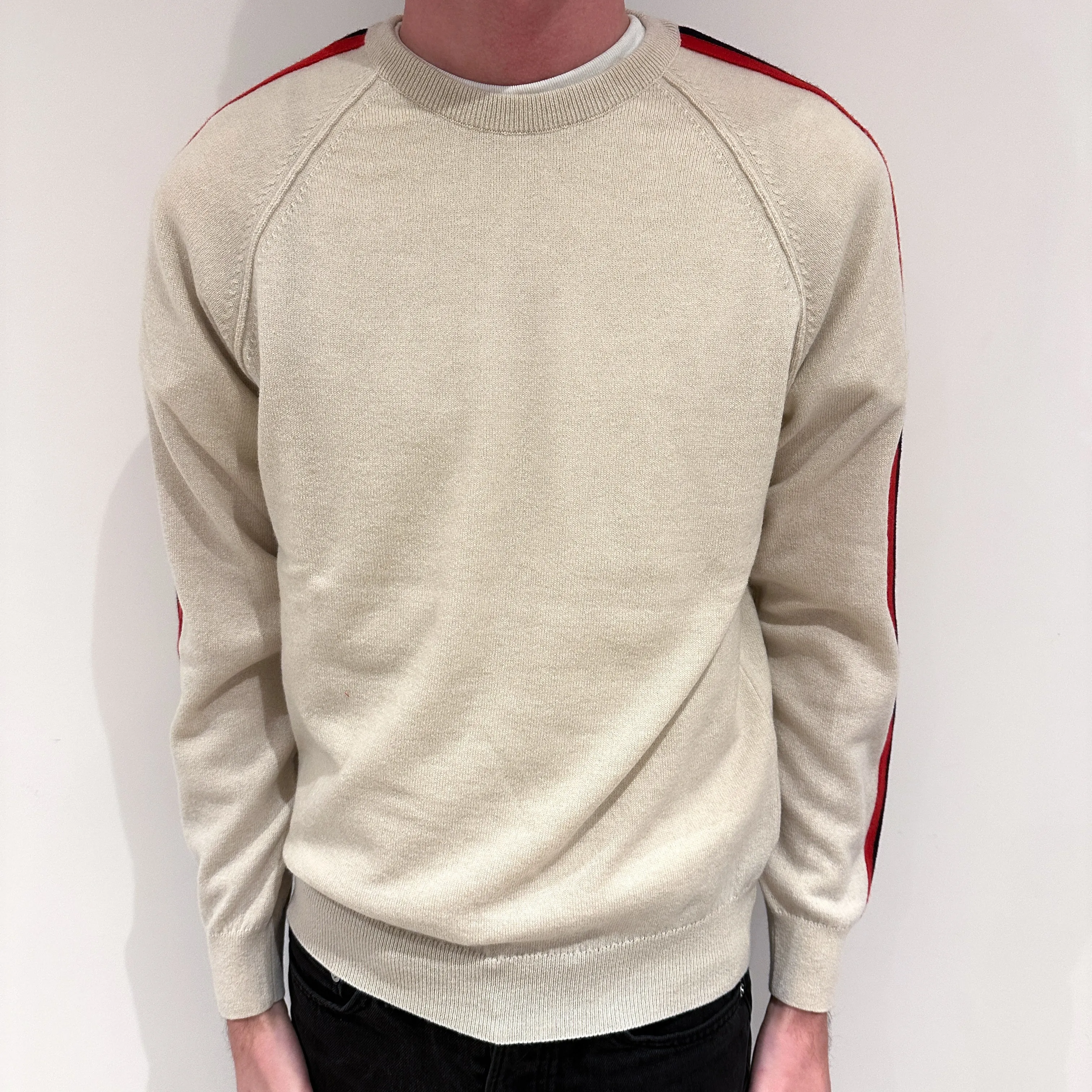Men's Brand New Scottish Oatmeal Cream Stripe Cashmere Crew Neck Jumper Small