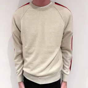 Men's Brand New Scottish Oatmeal Cream Stripe Cashmere Crew Neck Jumper Small