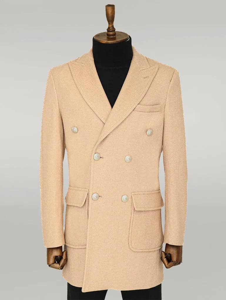 Metal Buttons Wool Cashmere Cream Men Double Breasted Coat - Wessi