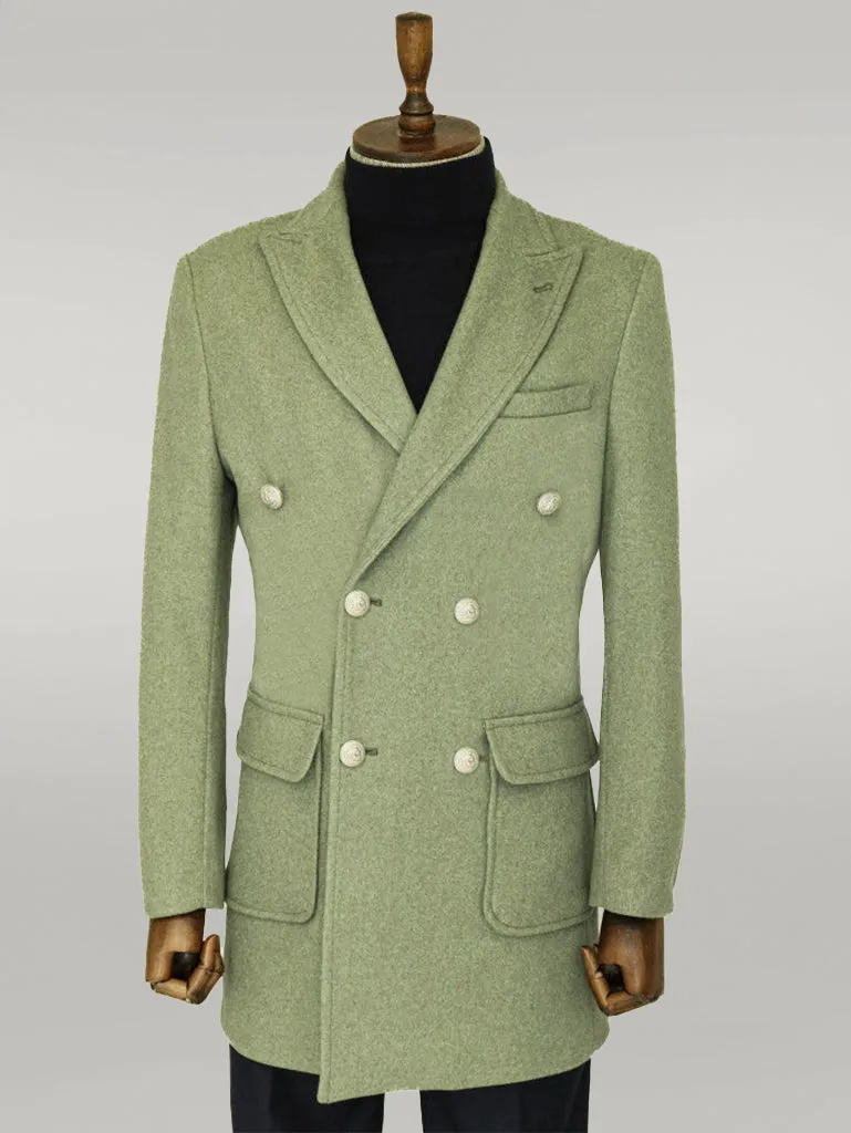 Metal Buttons Wool Cashmere Green Men Double Breasted Coat - Wessi