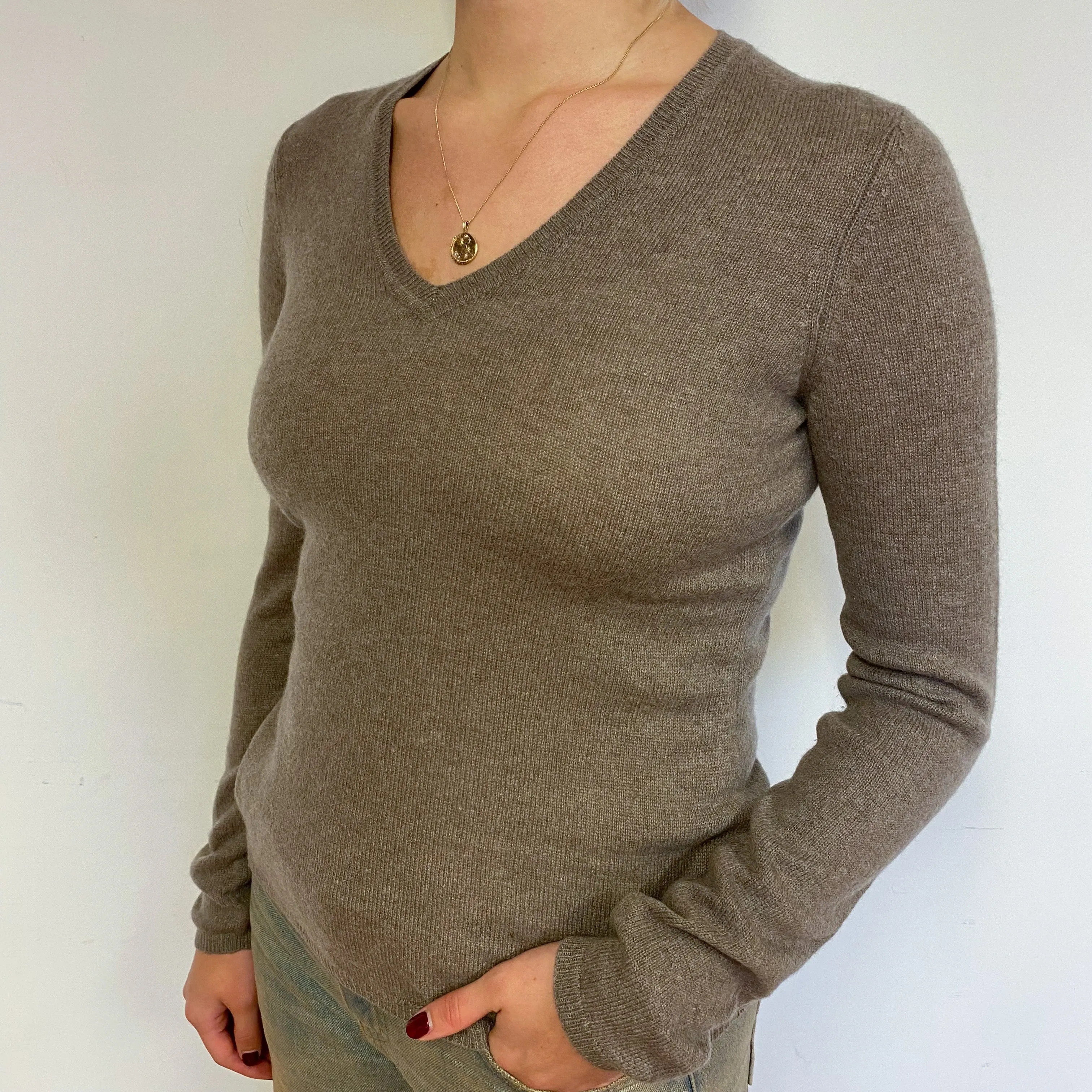 Mink Brown Cashmere V-Neck Jumper Small