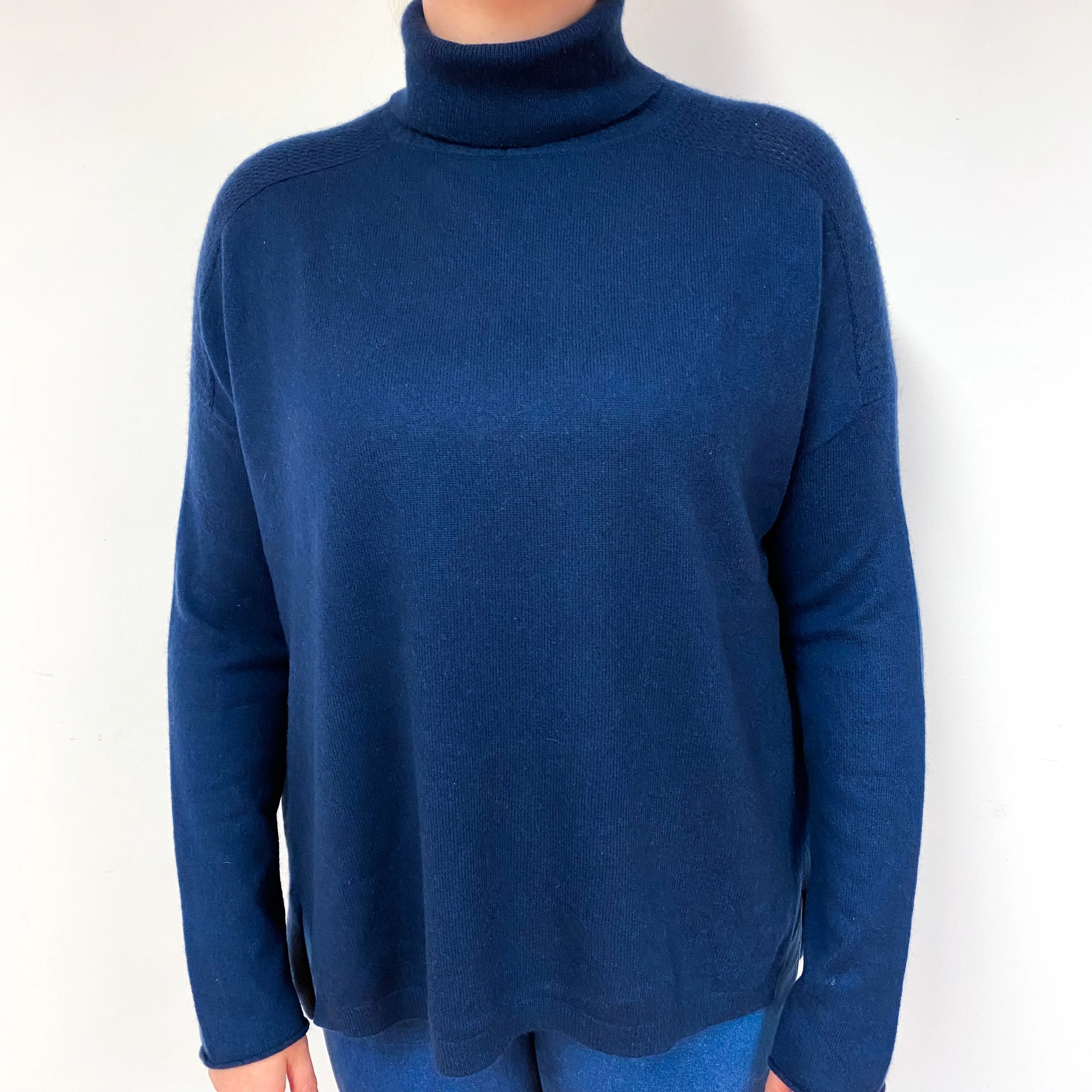 Navy Blue Slouchy Cashmere Polo Neck Jumper Large