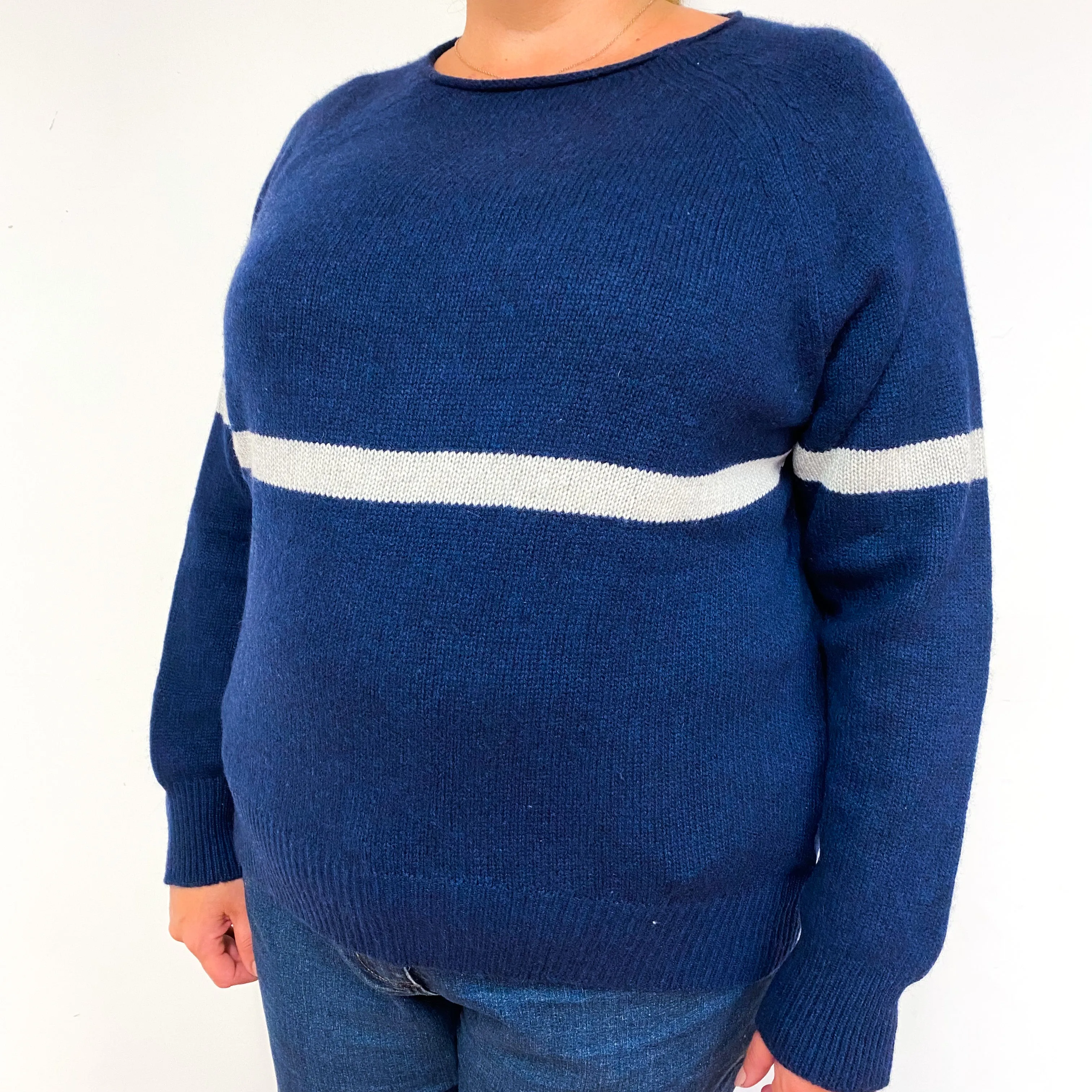 Navy Grey Stripe Chunky Cashmere Crew Neck Jumper Extra Large