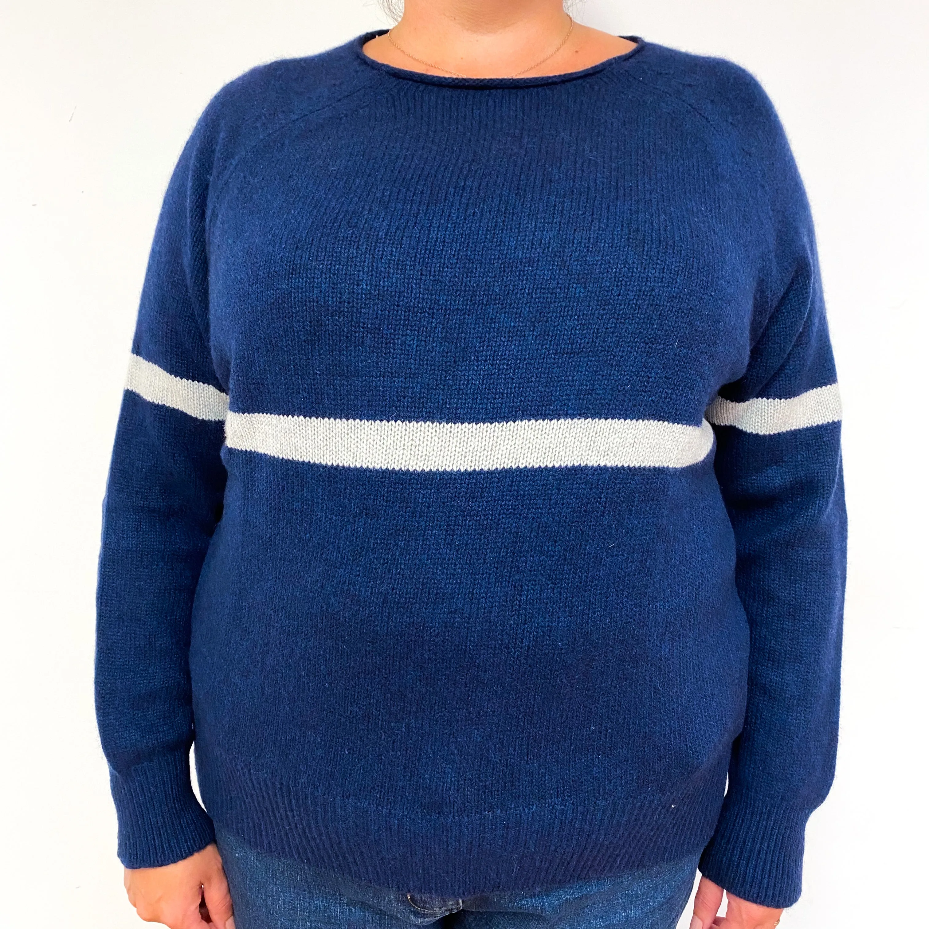 Navy Grey Stripe Chunky Cashmere Crew Neck Jumper Extra Large