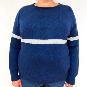 Navy Grey Stripe Chunky Cashmere Crew Neck Jumper Extra Large
