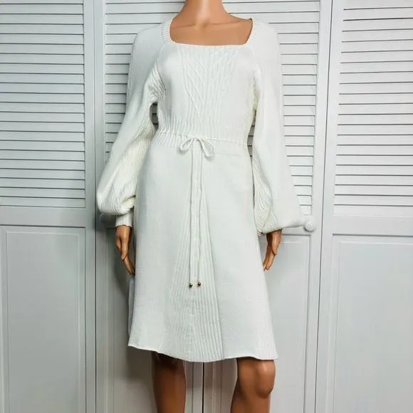 *NEW* BLUIVY Ivory Square Neck Cable Knit Sweater Dress Size L