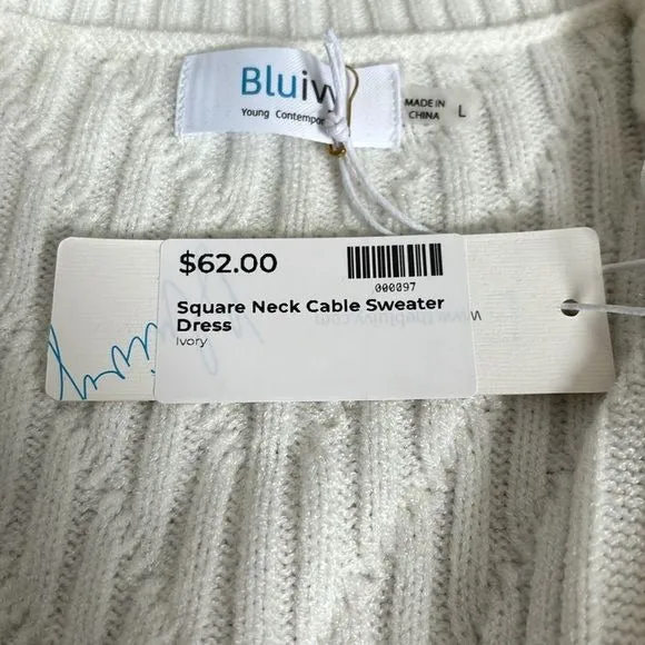 *NEW* BLUIVY Ivory Square Neck Cable Knit Sweater Dress Size L