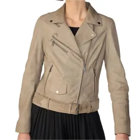 New Women's Tan Beige Suede Biker Leather Jacket - Stylish & Bold
