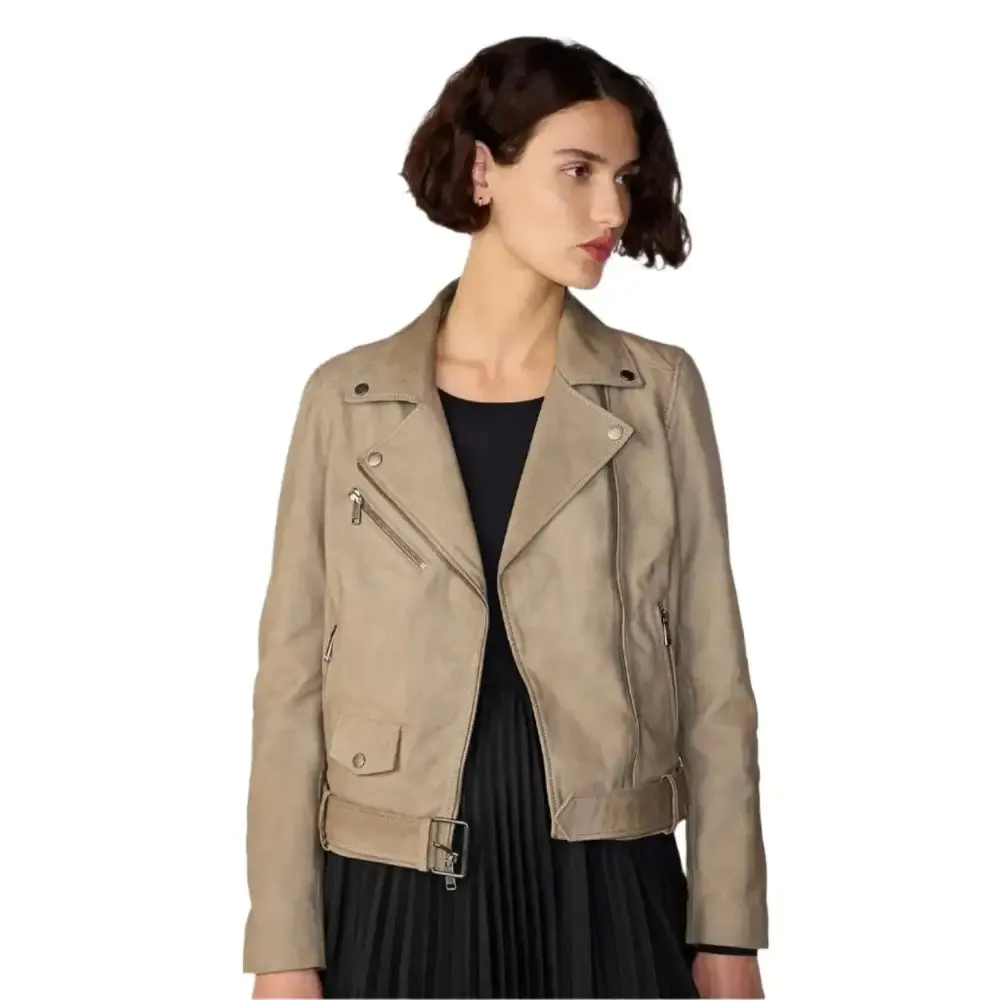 New Women's Tan Beige Suede Biker Leather Jacket - Stylish & Bold
