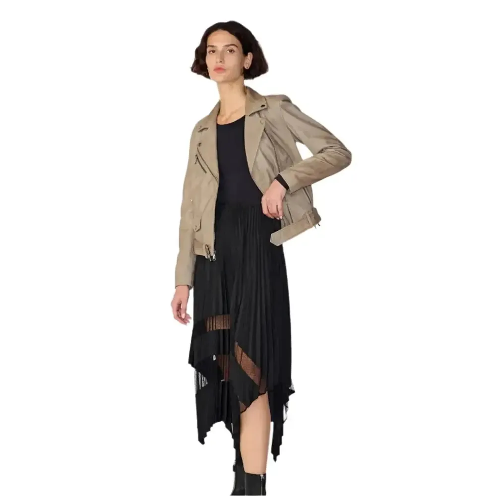 New Women's Tan Beige Suede Biker Leather Jacket - Stylish & Bold